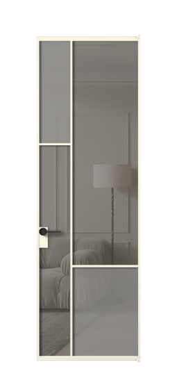 Дверь межкомнатная АЛПЛ041.13 АМБ сатин матовое + Серый прозрачное. Цвет Алюминий молочно-белый. Материал Алюминий в эмали. Коллекция Мозаик. Картинка.