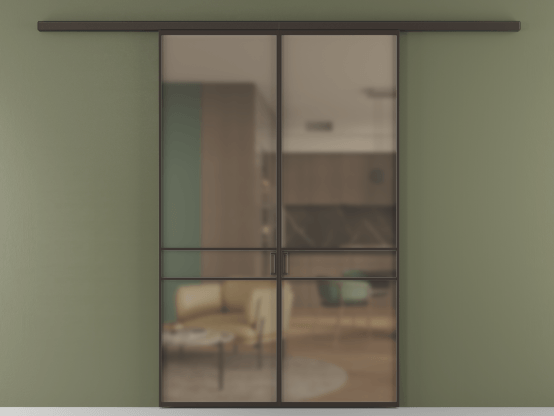 Алюминевая перегородка АЛПР 040.02_ААН_Бронза сатин триплекс_new. Цвет Алюминий антрацит. Материал Алюминий в эмали. Коллекция Перегородка Формато вдоль стены 2 створки. Картинка.